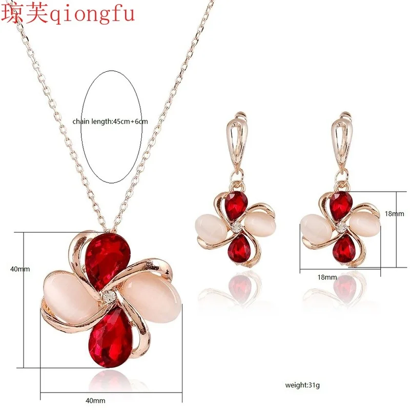 

Qiongfu new luxury Korean version of diamond-studded windmill necklace earrings set glass crystal jewelry two-piece wholesale