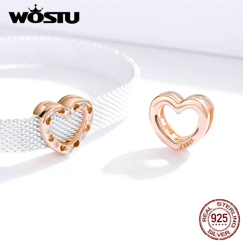 WOSTU 925 пробы серебра «любящее сердце» серебряные шарики Циркон розовое золото, очаровательный, подрходит к оригиналу Браслеты& Браслеты-кольца с серебро 925 ювелирные изделия CQX106