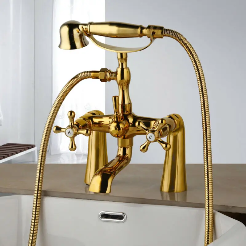 

Gold Color Brass Deck Mounted Bathroom Clawfoot Bathtub Faucet & Hand Shower Basin Sink Mixer Tap & Hand Shower Ntf785