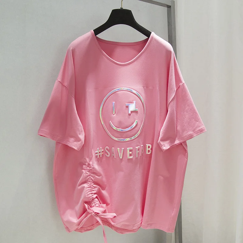 

2021 Summer Loose Plus Size Korean Ladies Top 3D Printing Knotted Original Women T-shirt Fashion Sweet Round Neck Pullover Tee