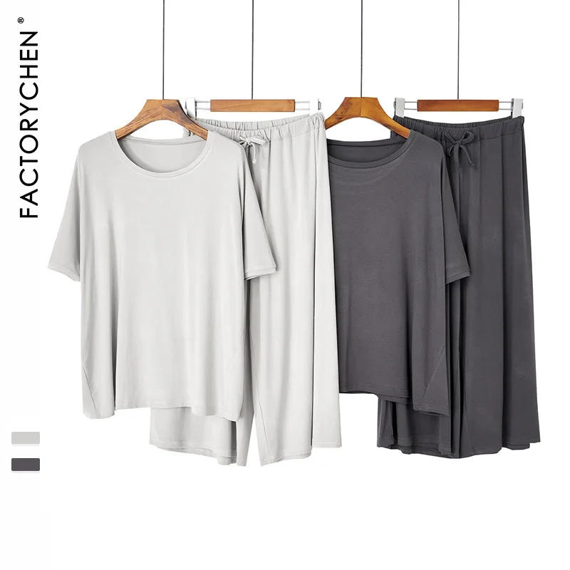 

2020 Autumn New 100% Cotton Ladies Simple Round Neck Half Sleeve Wide Leg Pants Loose Homewear Pajamas Set Women Sleepwear