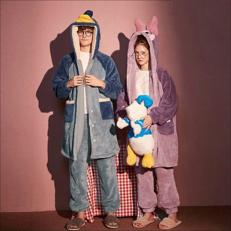 Cartoon Duck Hat Couple Pajamas Women Flannel Sleepwear Men's Home Service Suits Autumn and Winter Thickened Hooded Nightgown