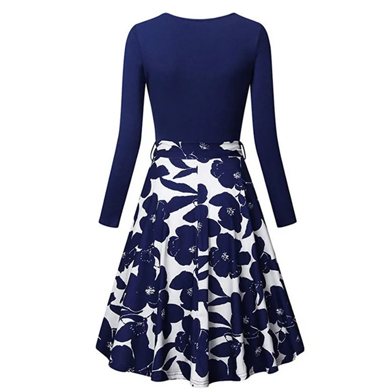 

Black Patchwork Floral Vintage Ruched V Neck Elegant Party Dress Women 2021 Summer Long Sleeve A Line Midi Dresses