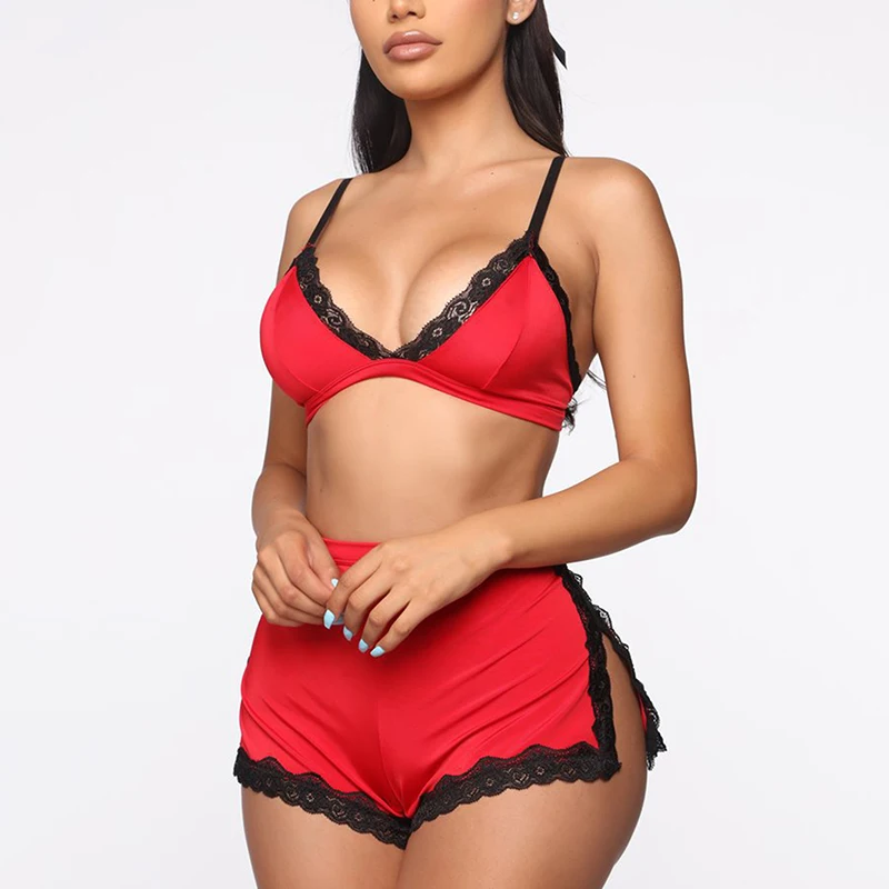 

Women Deep V-neck Lingerie Sexy Lace Bra Crop Tops High Waist Split Shorts Set Women Babydoll Nightwear Sleepwear Underwear Suit