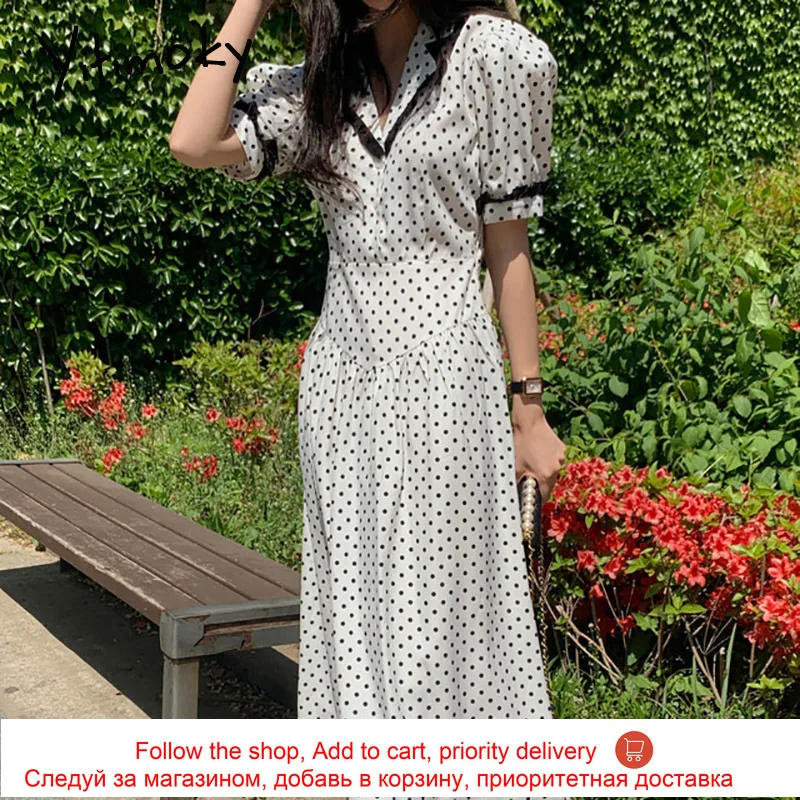 

Yitimoky Vintage Woman Dress Puff Sleeve Turn-down Collar 2021 Summer Contrase Color Button High Waist Polka Dot Long Dresses