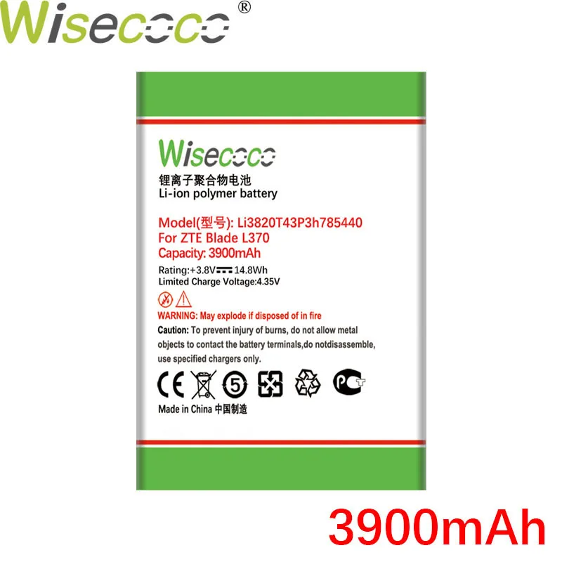 

Аккумулятор Wisecoco Li3820T43P3h785440, 3900 мАч, Новый аккумулятор для ZTE Blade L370 Blade L2 Plus, кумаллер высокого качества + номер для отслеживания