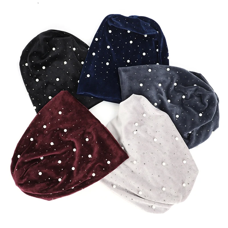 

2020 New Arrival Men Women Skull Cap Warm Winter Hats Slouchy Velvet Beanie Pearl Decoration Fashion Stretch Hat