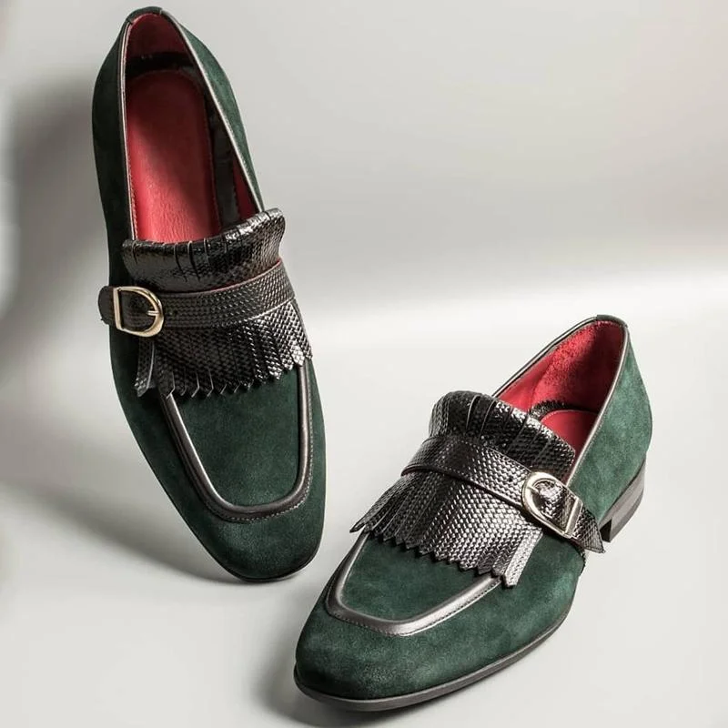

Men's Handmade Green Suede Classic Retro Tassel Pointed Loafers Low Heel Comfortable All-match Business Casual Shoes 3KC007
