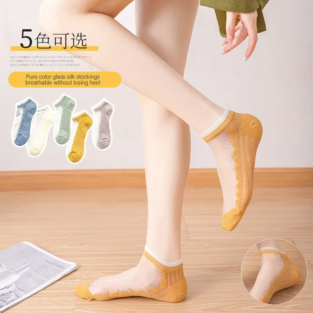 

Solid Color Glass Silk Socks Female Japanese Pure Cotton Socks Shallow Mouth Korean Thin Creative Crew Socks Women Pure Cotton
