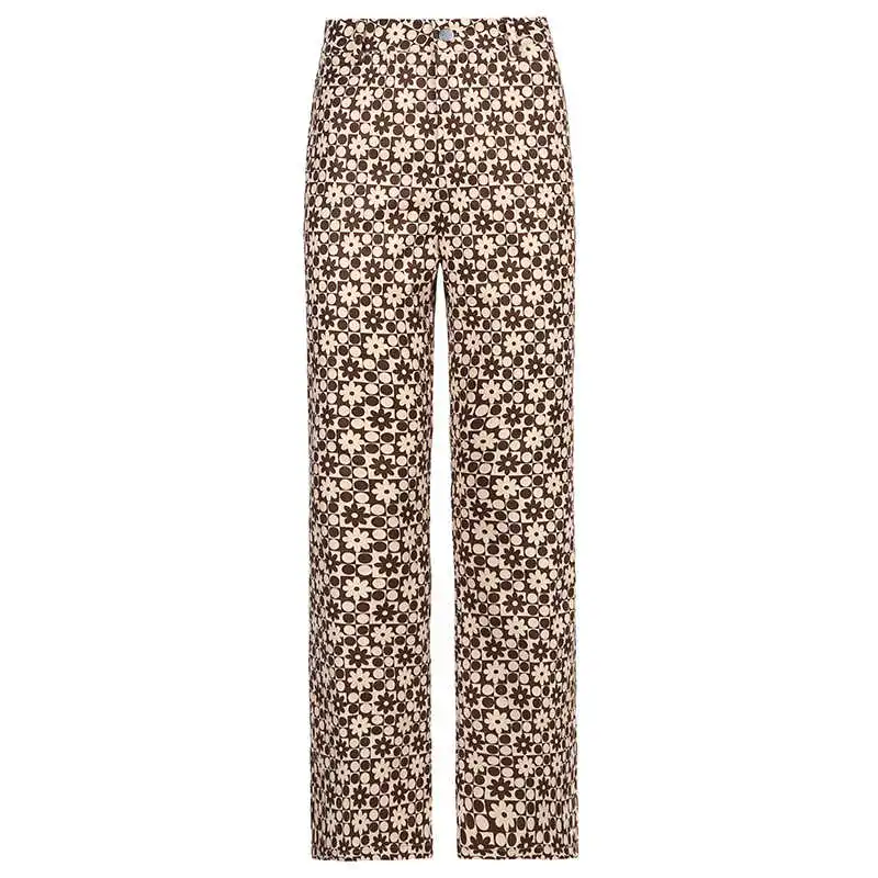 

Floral Print Y2K Sweatpants Fashion Women Straight Pants High Waist Streetwear Vintage Plaid Trousers For Female Bottom