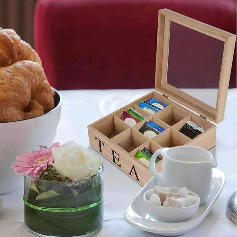 

Retro Bamboo Wooden Tea Box Sealed Storage Boxs Multifunctional 9 Jewelry Organizer for Living Room Kitchen Bedroom Vintage