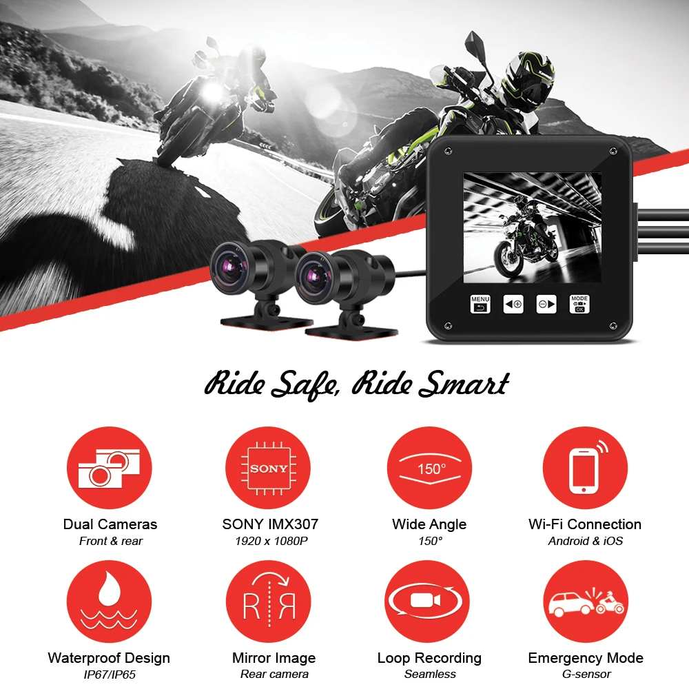 Видеорегистратор VSYS для мотоцикла с двойным объективом и режимом парковки Wi-Fi 1080P