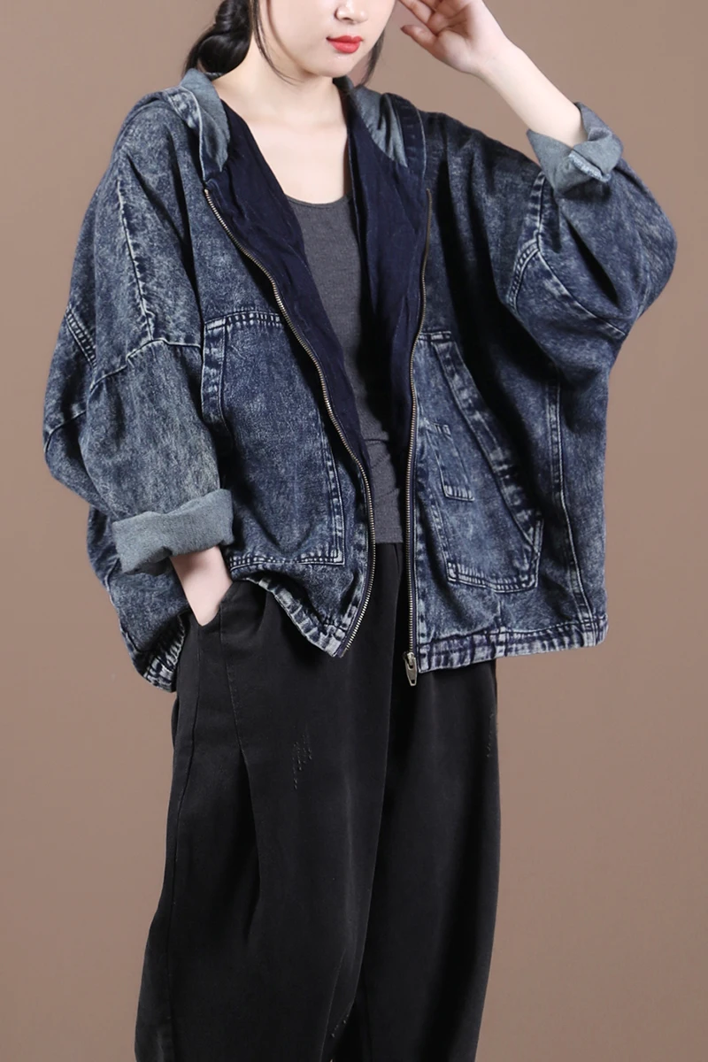 

Female new autumn and spring korean style plus size outerwear literary retro distressed hooded short loose denim jacket