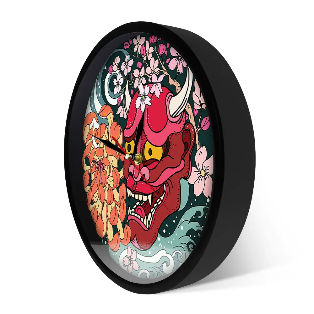 Готический красный Oni маска демона настенные часы японский сакура цветы пионы на