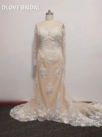 ivory champagne lace wedding dress high quality long sleeves bridal gown custom made factory real photo