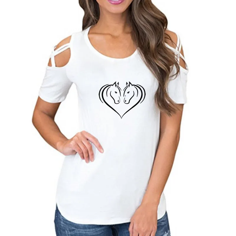 

New Fashion Bandage Off Shoulder Women T-Shirt For Girl Look At Each Horse Printing Tops T-Shirt Women Cute Drop Ship