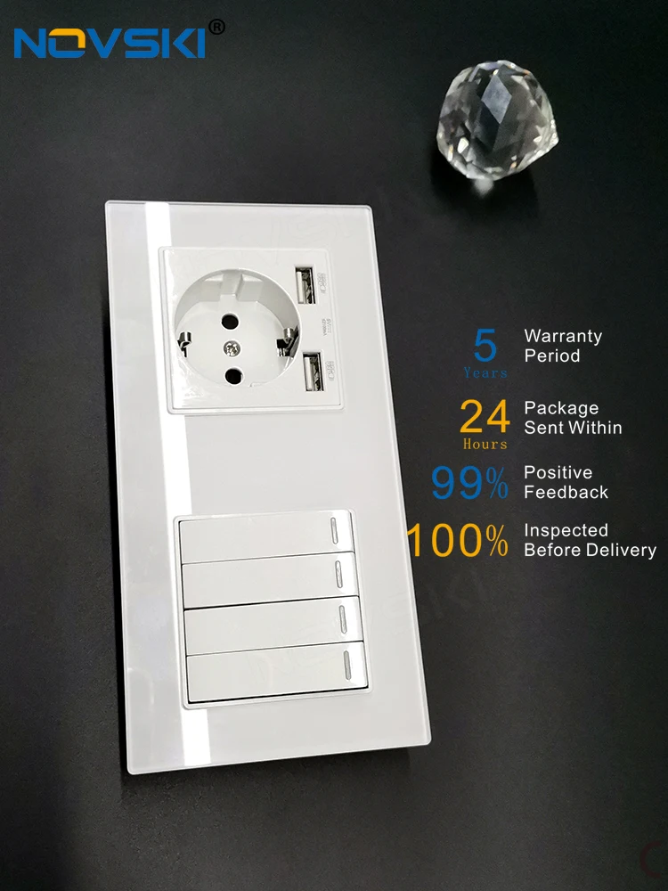 NOVSKI русские Хрустальные стеклянные розетки USB 2.1A 4 банды выключатель питания 16A EU