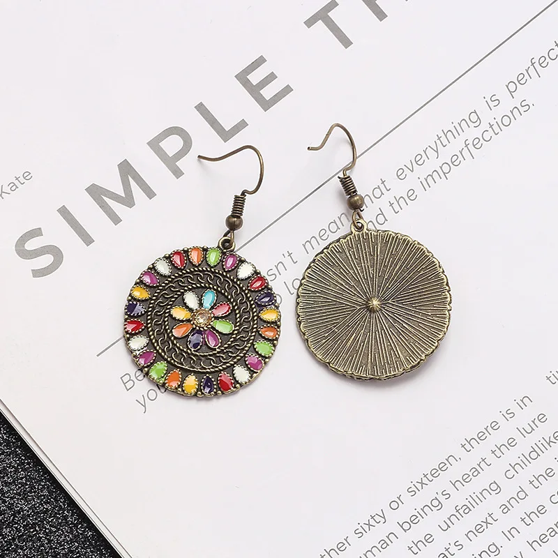 

Bohemian color dripping oil flower round geometric earrings creative personality