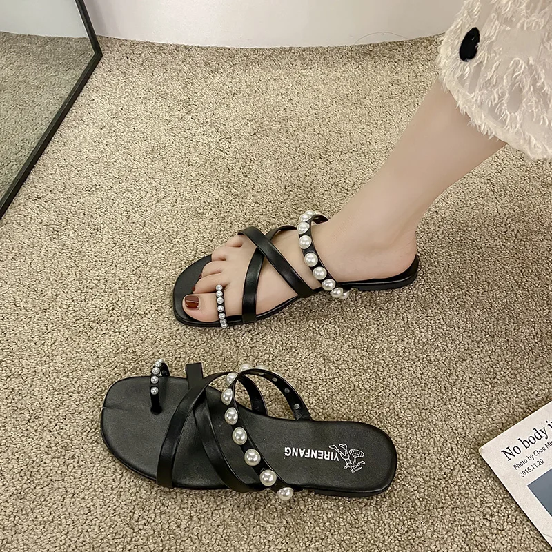 

Flat Shoes Female Womens Slippers Outdoor Slides Fashion Pantofle String Bead Beach Luxury 2021 Rubber PU Basic Female Shoes Sum