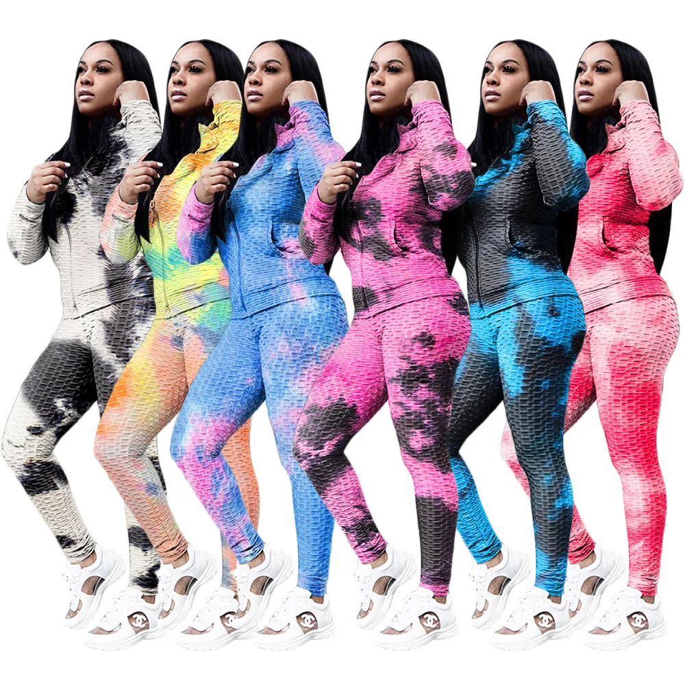 

Spring Tie-dye Printing Women Casual Sets Stand Collar Zipper Long Sleeve Sports Sweatshirt Tops High Waist Puff Yoga Pants Sets