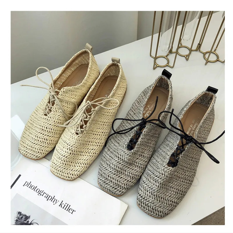

New Fashion Woven Lace-up Shallow Mouth Ladies Comfortable Breathable Soft Lightweight Flat Casual Shoes chaussures femme U15-97