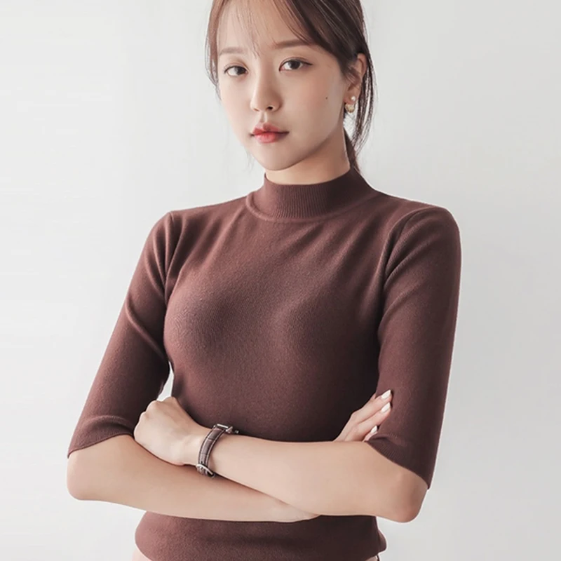 

gkfnmt Women Soft Chic Pullover Sweater Knitted Pull Half Turtleneck Tops Spring Autumn Half Sleeve Elasticity Jumper Korean