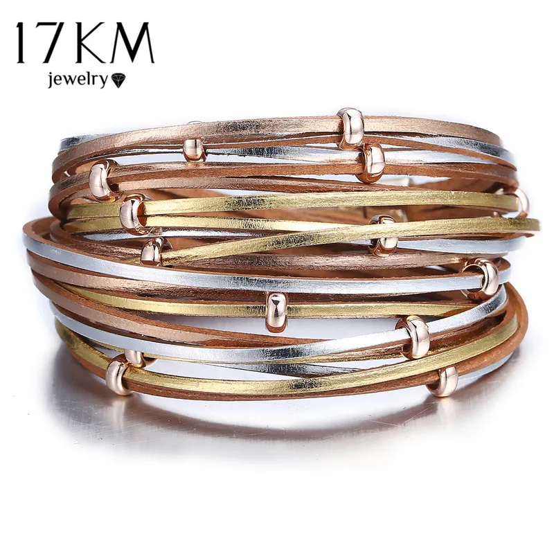 17KM Модные многослойные кожаные браслеты для женщин и мужчин, винтажного золотого цвета, серебряно-покрытые браслеты для пары и дружбы, подарок.