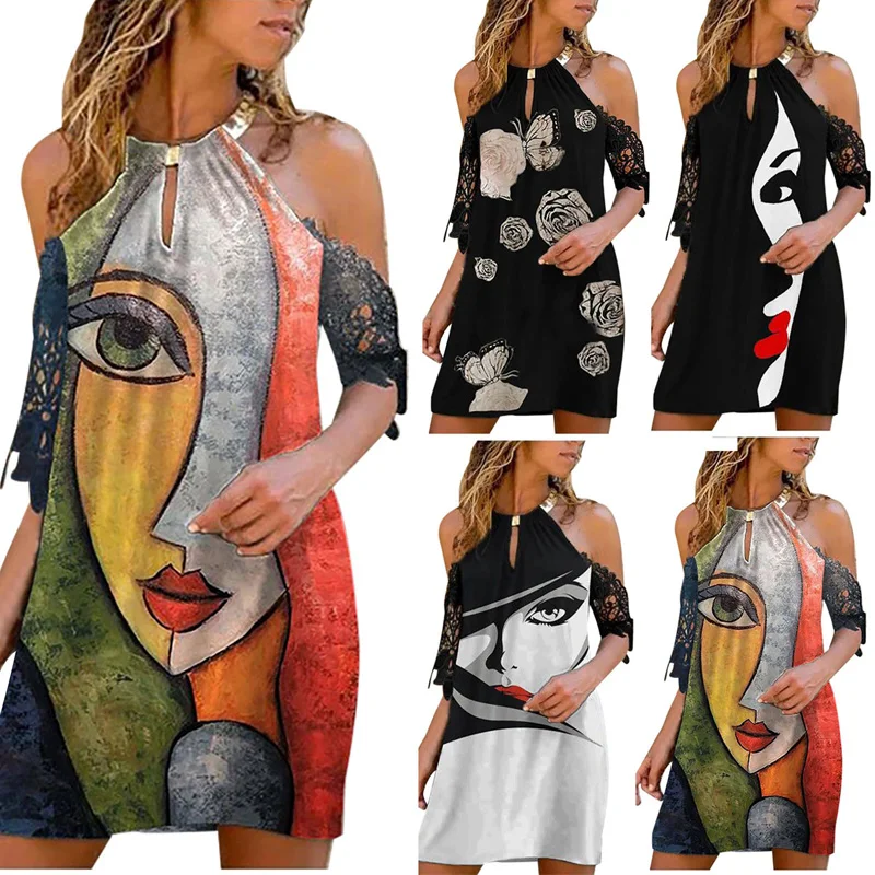 

Summer Sexy Off Shoulder Lace Dress Women Elegant Hollow Out Embroidery Slim Dresses Halter Sleeveless A-Line Mini Dress Vestido