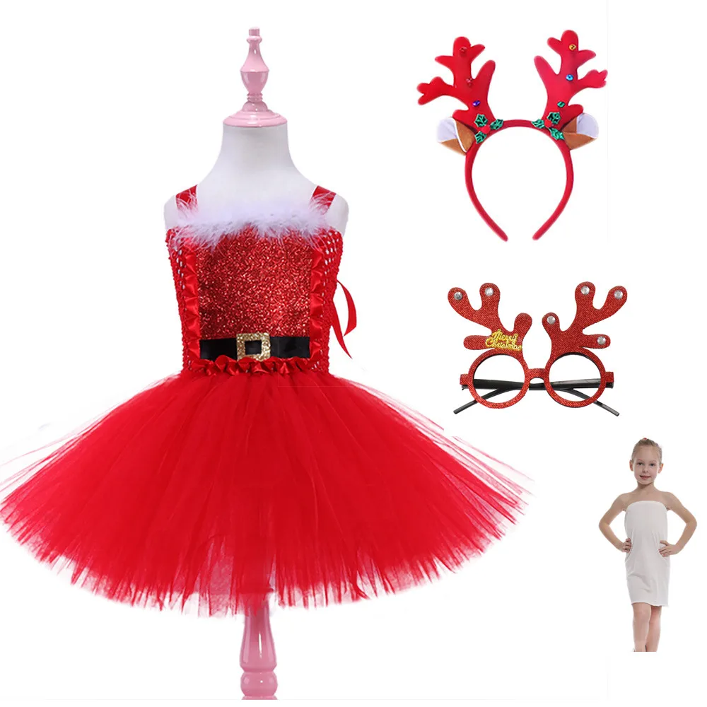 

Рождественское платье для маленьких девочек, новогоднее праздничное рождественское платье с повязкой на голову с рождественским оленем, к...