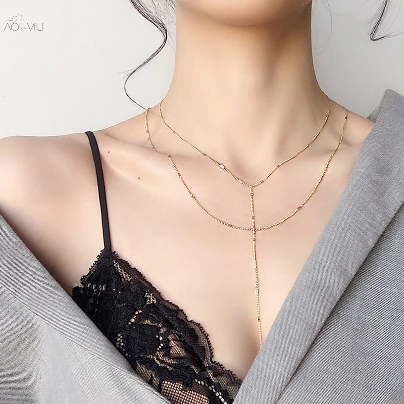 AOMU Корея Винтаж двойная с подвесками металлическое ожерелье для женщин круглые Блестки подвеска цепочка на ключице ожерелье ювелирные изделия