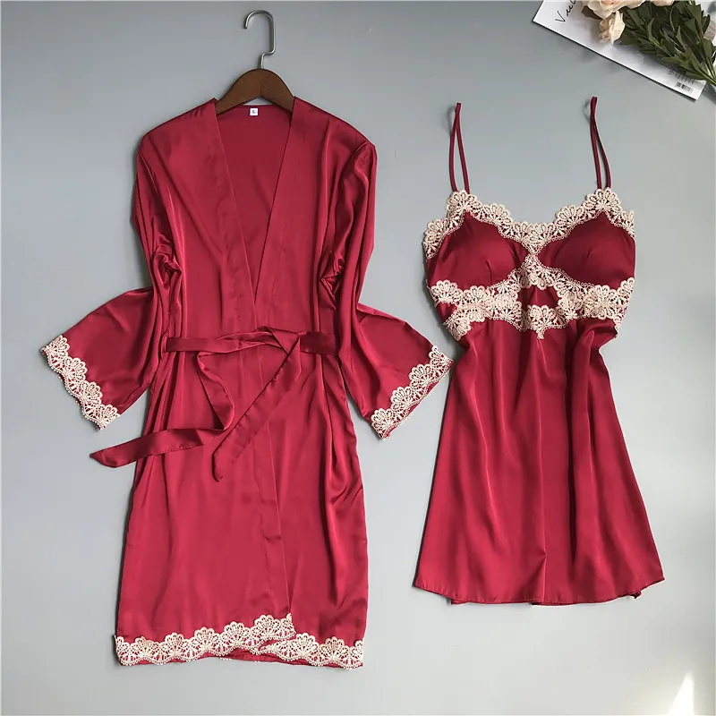 

Women Sleep Suit 2PCS Nightshirts V-Neck Pajama Burgundy Satin Lace Pyjama Gown Set Spring Nighty Robe Homewear