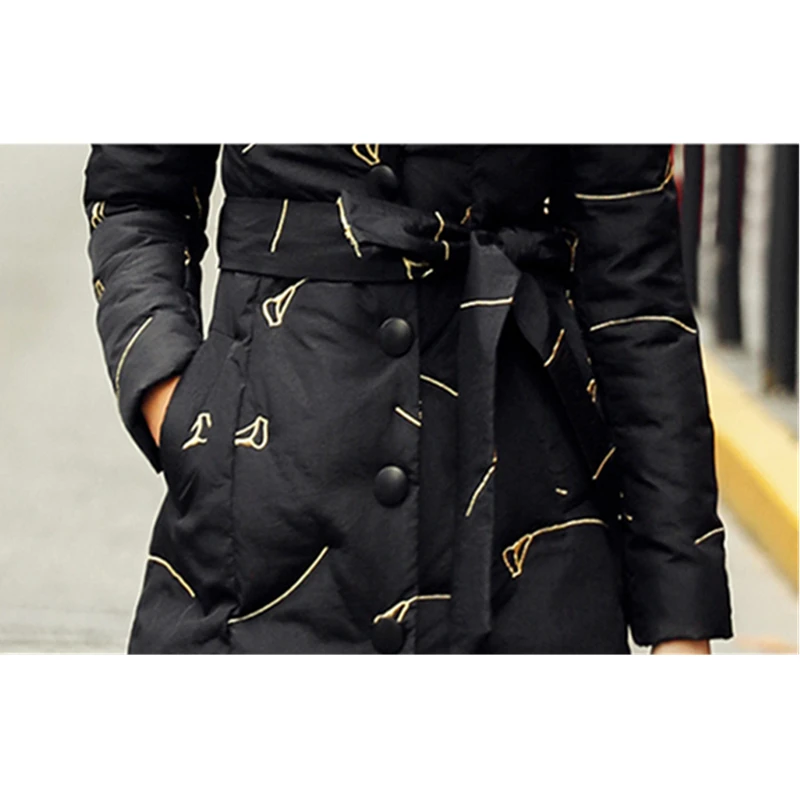 

Embroidery 2021 New Winter Fashion Flower Black Down Jacket Long Female Slim Thicken Warm 20% White Duck Down Coat Women Cothes