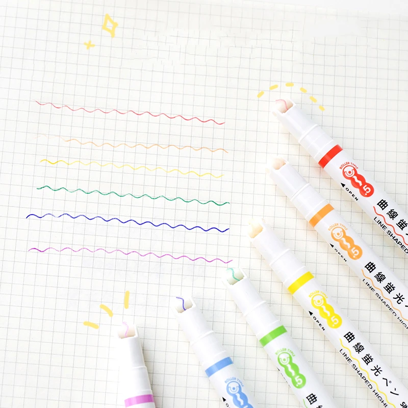 

1/3/6pcs Line Shaped Highlighter Pen Multi Color Roller Tip Curve Liner Marker Highlighter Novelty Stationery School A6253