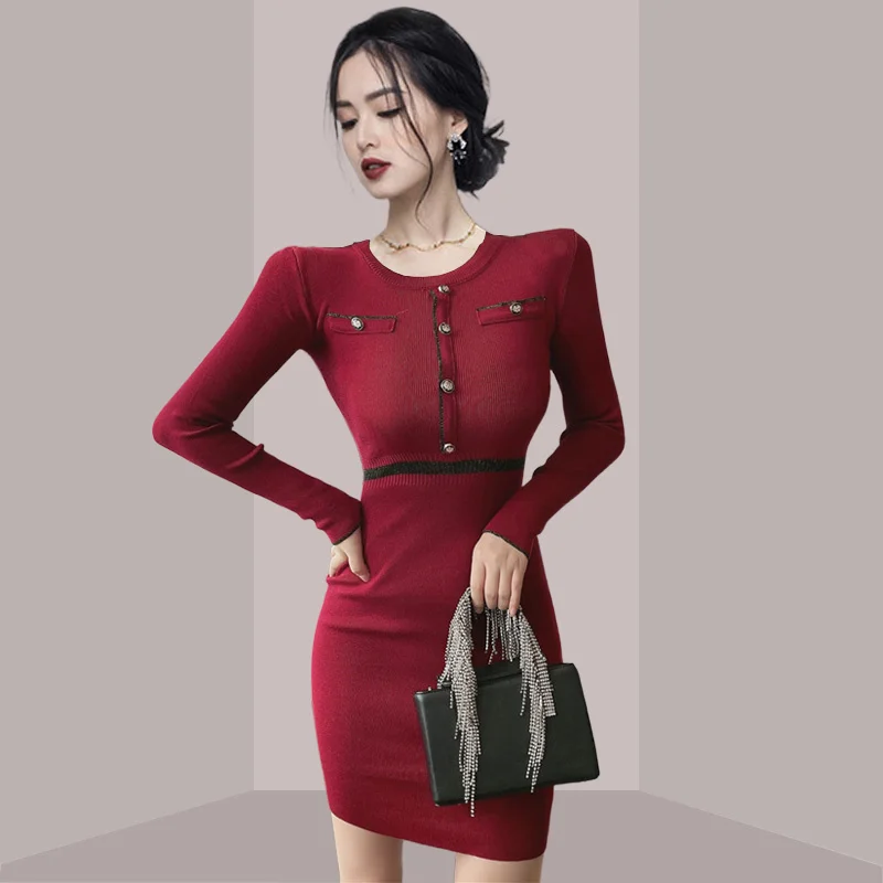 

Fall 2021 New Korean Style Lightly Mature Socialite Elegant French Style Style Long Sleeve Knitted Bottoming Dress for