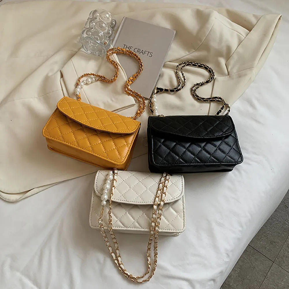 

Stylish Women Single Shoulder Bag Fashion Lattice Pattern PU Leather Mini Casual Pearl Chain Flap Ladies Handbags for Shopping