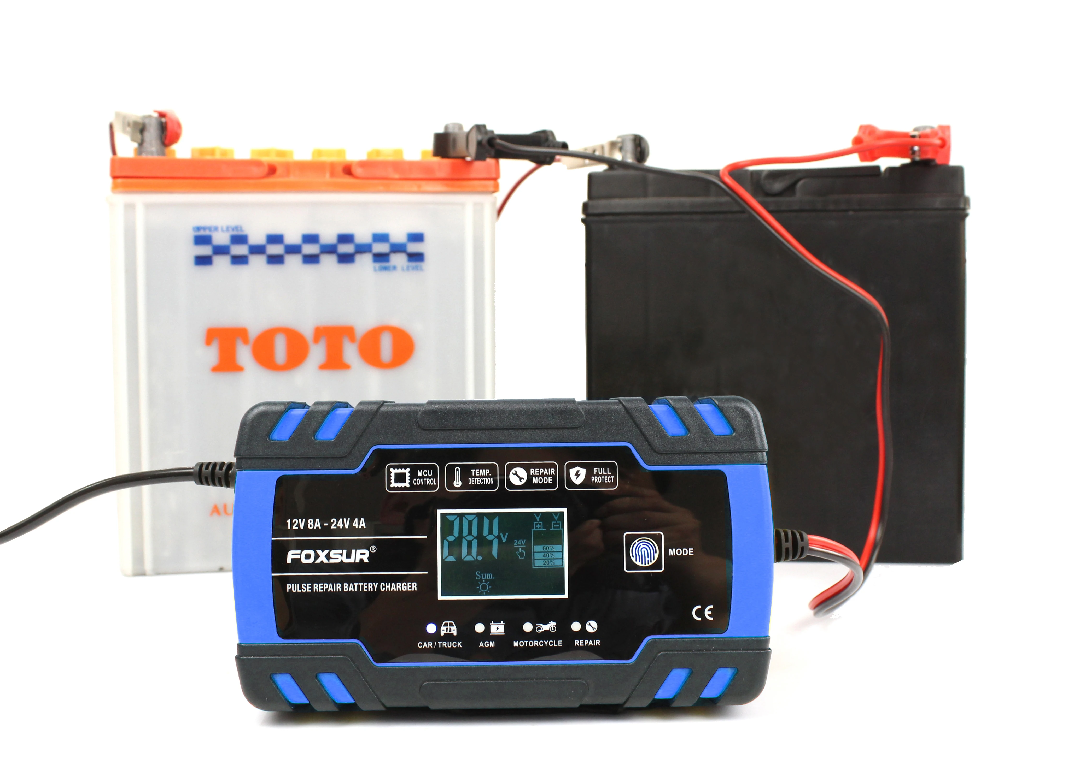 foxsur smart car battery charger12v 24v 8a touch screen pulse repair lcd fast power charging wet dry lead acid for gel wet free global shipping