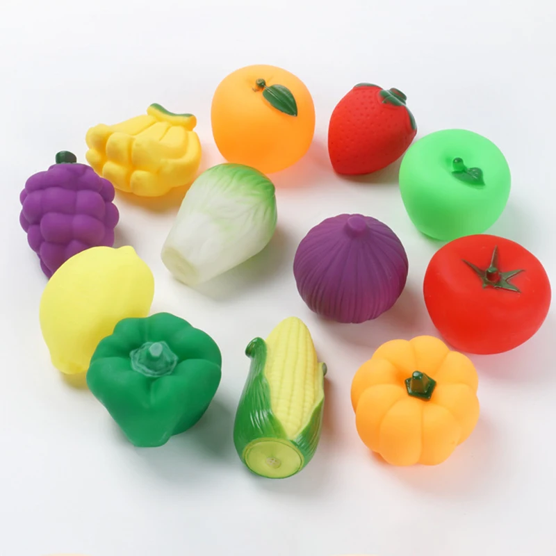 

Rubber Textured Kid Toy Fruit Vegetable Brow Hand Catch Ball Bathroom Spray Water Ball Children Bath Toy Tactile Ball Toys Set