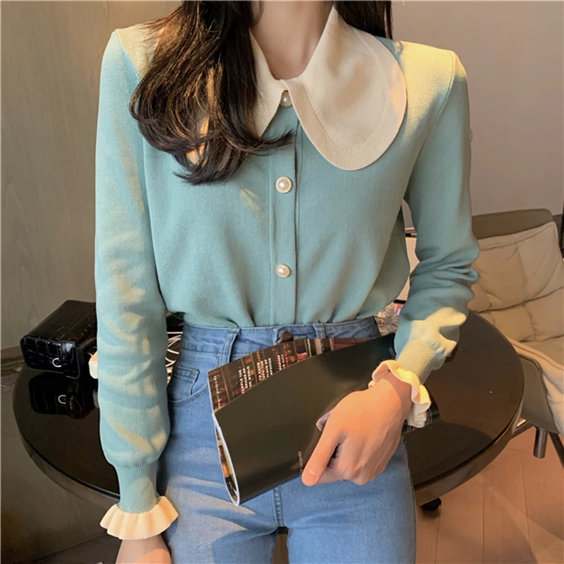 LJSXLS 2022 трикотажная Милая одежда с кукольным воротником свитер женский