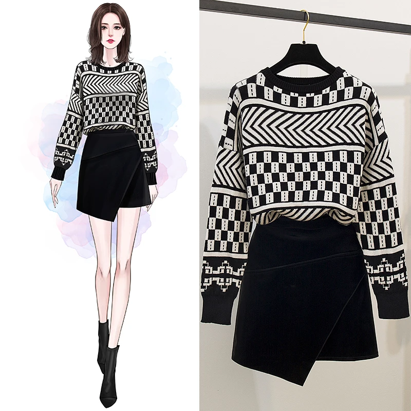 Комплект с юбкой вязаный пуловер мягкий свитер геометрическим узором блестящая