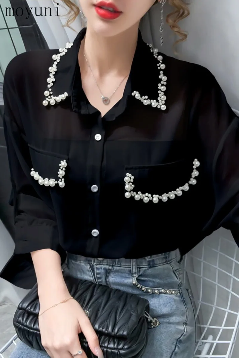 

Women's Doll Collar Shirt Summer Beaded Chiffon Shirt 2021 New Fashion Long Sleeve Top Plus Size Women Tops Korean Fashion Style