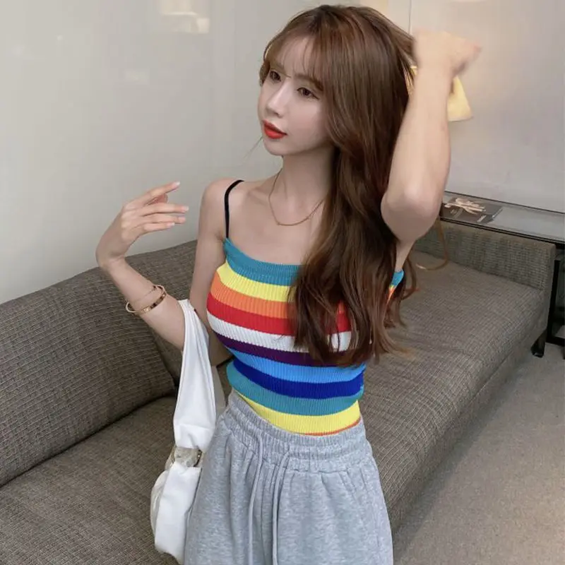 

Summer new rainbow Mini suspender vest for women with Hong Kong style retro sexy dress