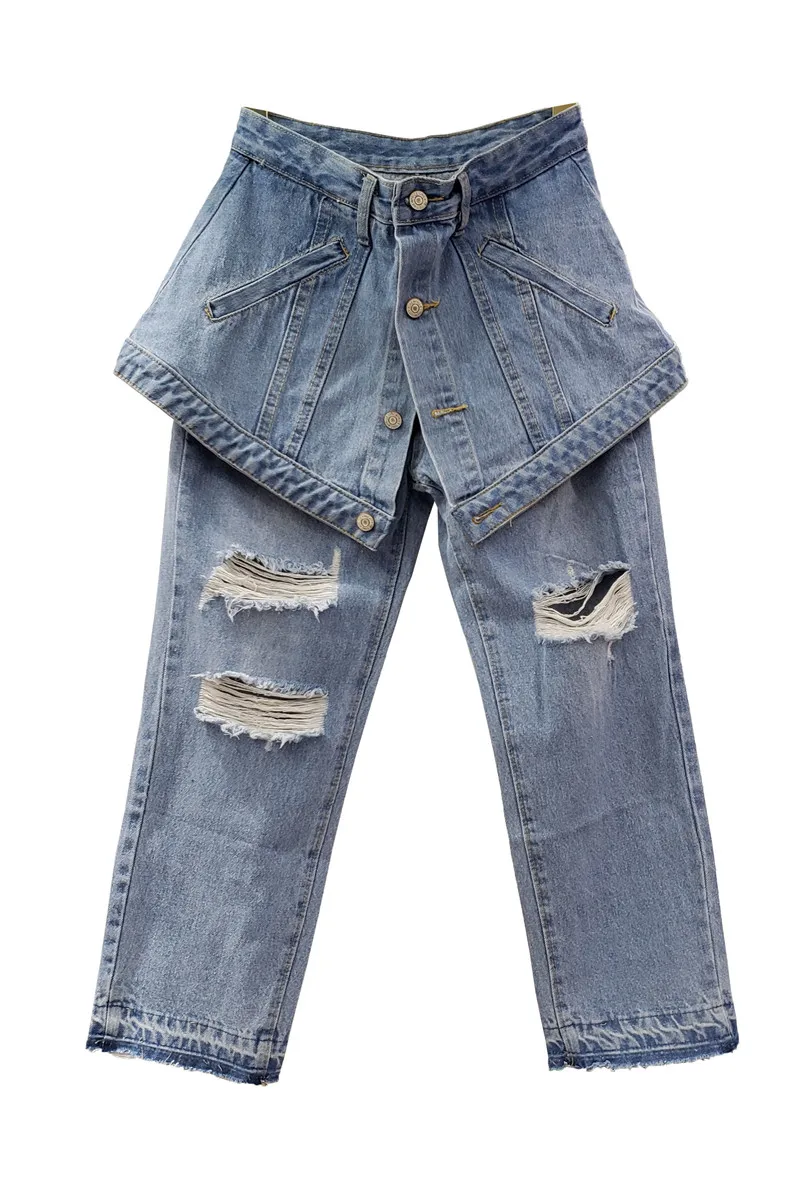 

Fake Two Pieces Denim Jeans Women's Spring 2021 New Cropped Pants High Waist Slimming Female Streetwear Jeans Fashion