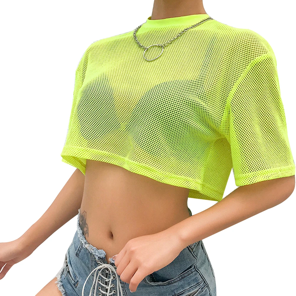 Яркий флуоресцентный зеленый ажурный укороченный топ летний сетчатый