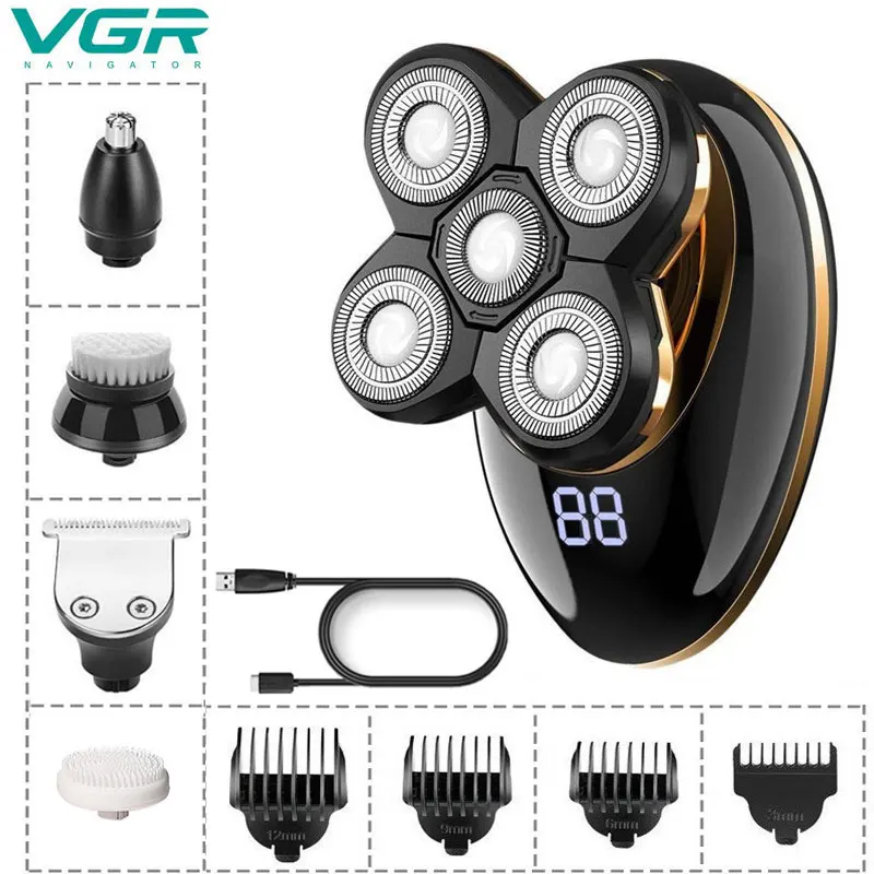 

VGR 5 in 1 Face Electric Shaver Five Floating Heads Shavers Electric Shaver Nose Hair Trimmer Brush USB Rechargeable
