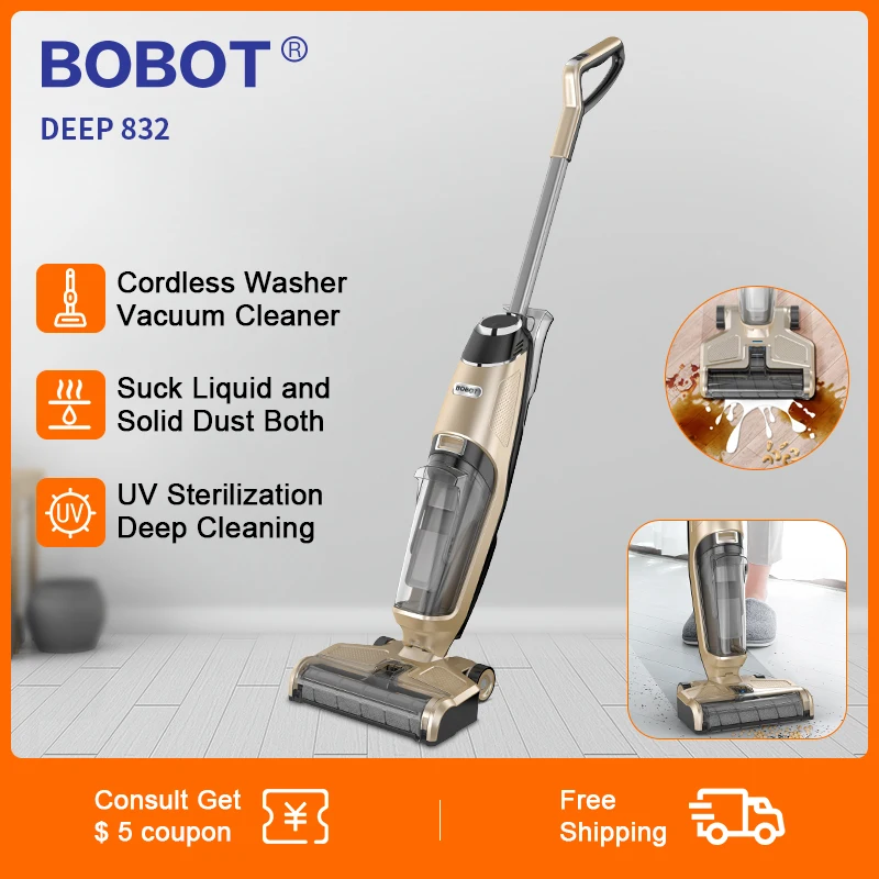

Беспроводной беспроводной пылесос BOBOT DEEP 832 с функциями всасывание жидкости и твердой пыли, сухая и влажная уборка, пола