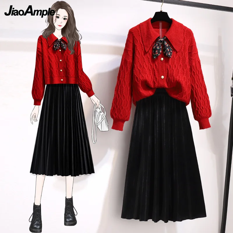 

Women's Suits with Skirts 2021 Autumn Winter Lady Graceful Ribbon Sweater Coats+Long Pleated Skirt Set New Red Knitted Cardigan
