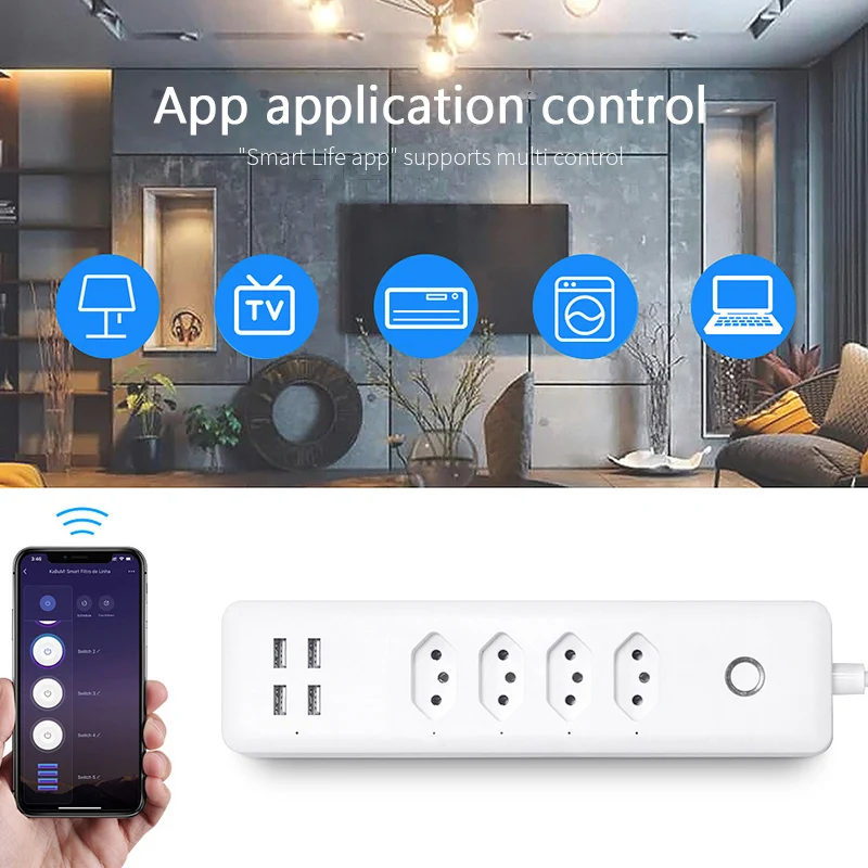 

Wifi Smart Power Strip 4 BR Standard Outlets Plug with 4 USB Charging Port Timing App Voice Control Work with Alexa Google Home