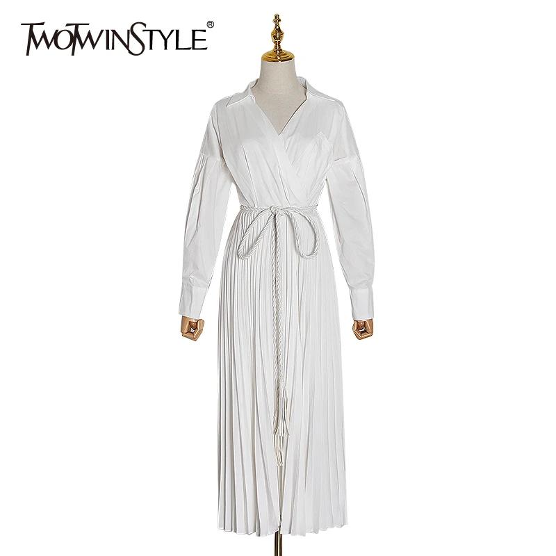 TWOTWINSTYLE элегантные плиссированные платья для женщин воротник с лацканами фонарь