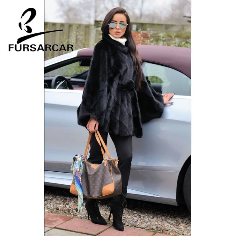FURSARCAR природный натуральный мех пальто Женская цельная модная норка шуба Черная Стильная роскошная женская Норковая Шуба с рукавами «летучая мышь»