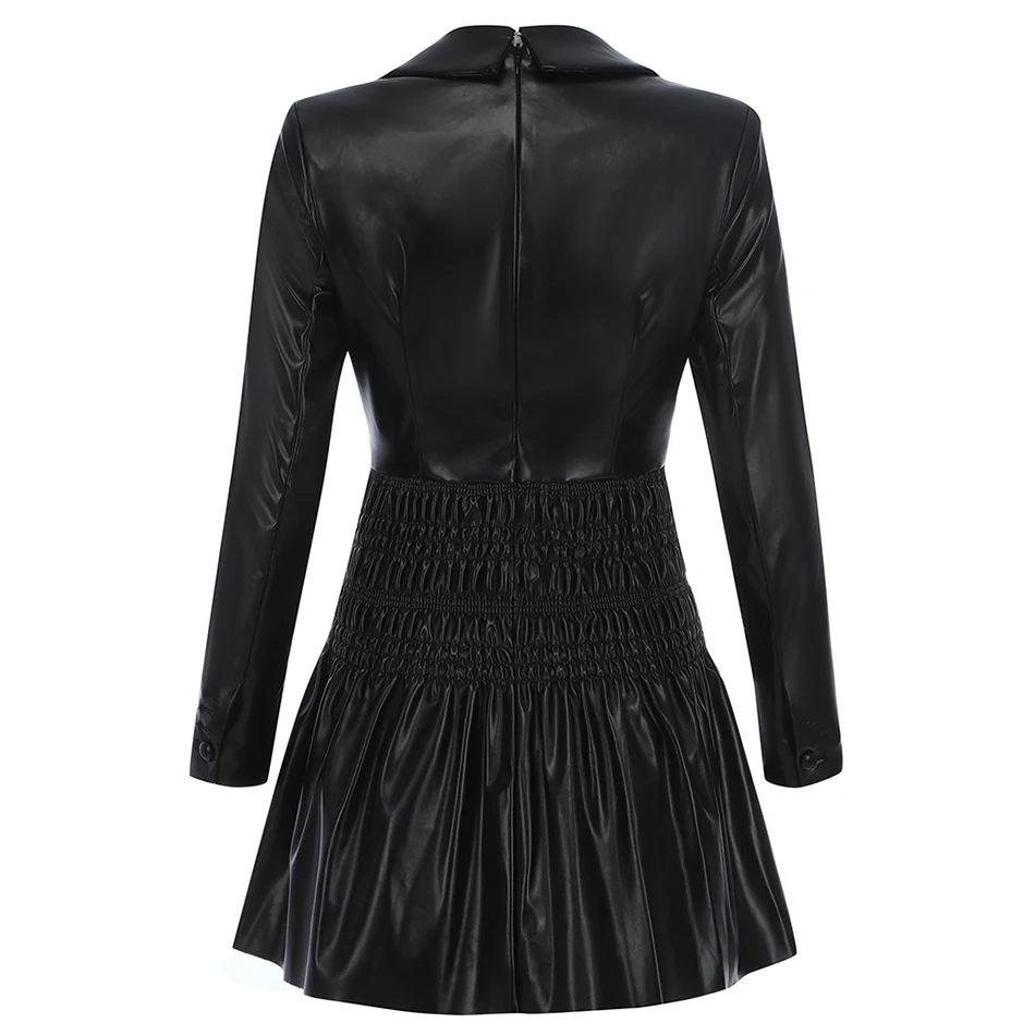 

High Quality Spring 2021 Sexy Long-Sleeved V-Neck Faux Leather Pleated Dress Black Elegant Women'S Club Party Dress Vestidos